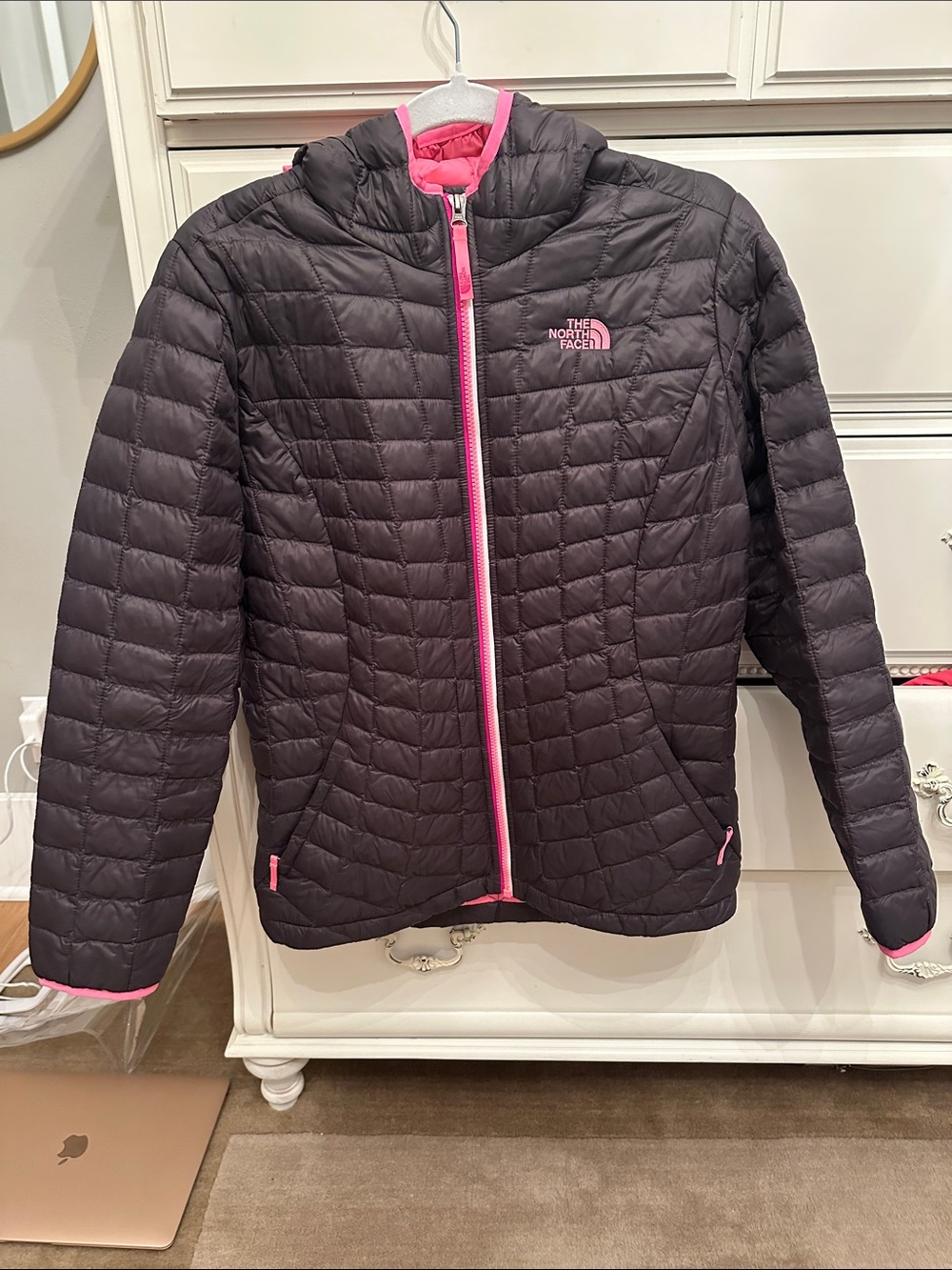 The North Face Girls' Dark Purple/Gray Jacket with Pink Trim Puffer